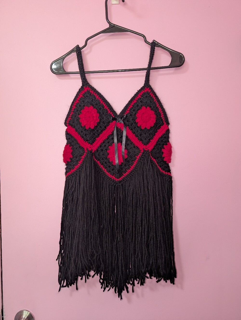 Handmade Black and Red Crochet Fringe Tank Top